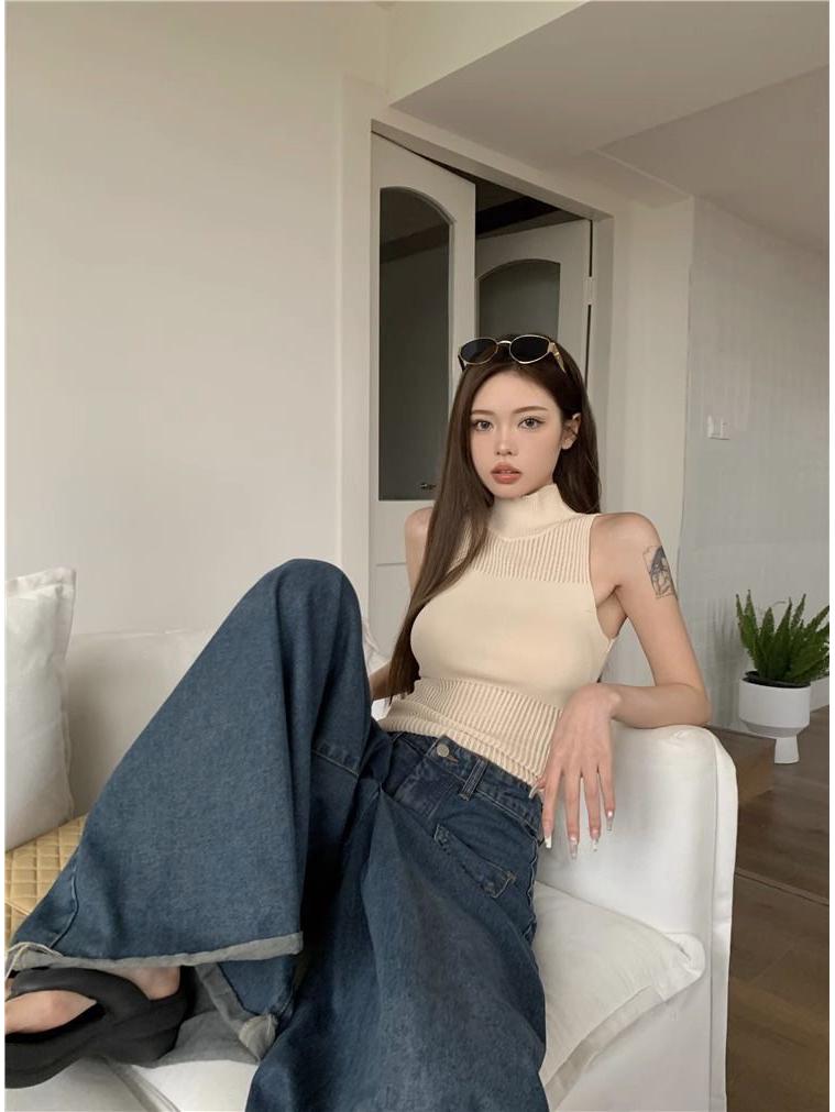 Vară Picant Gât Înalt Fără Mâneci Tricotat Crop Top Cămașă de corp - Articol de îmbrăcăminte exterioară scurtă decupată pentru femei