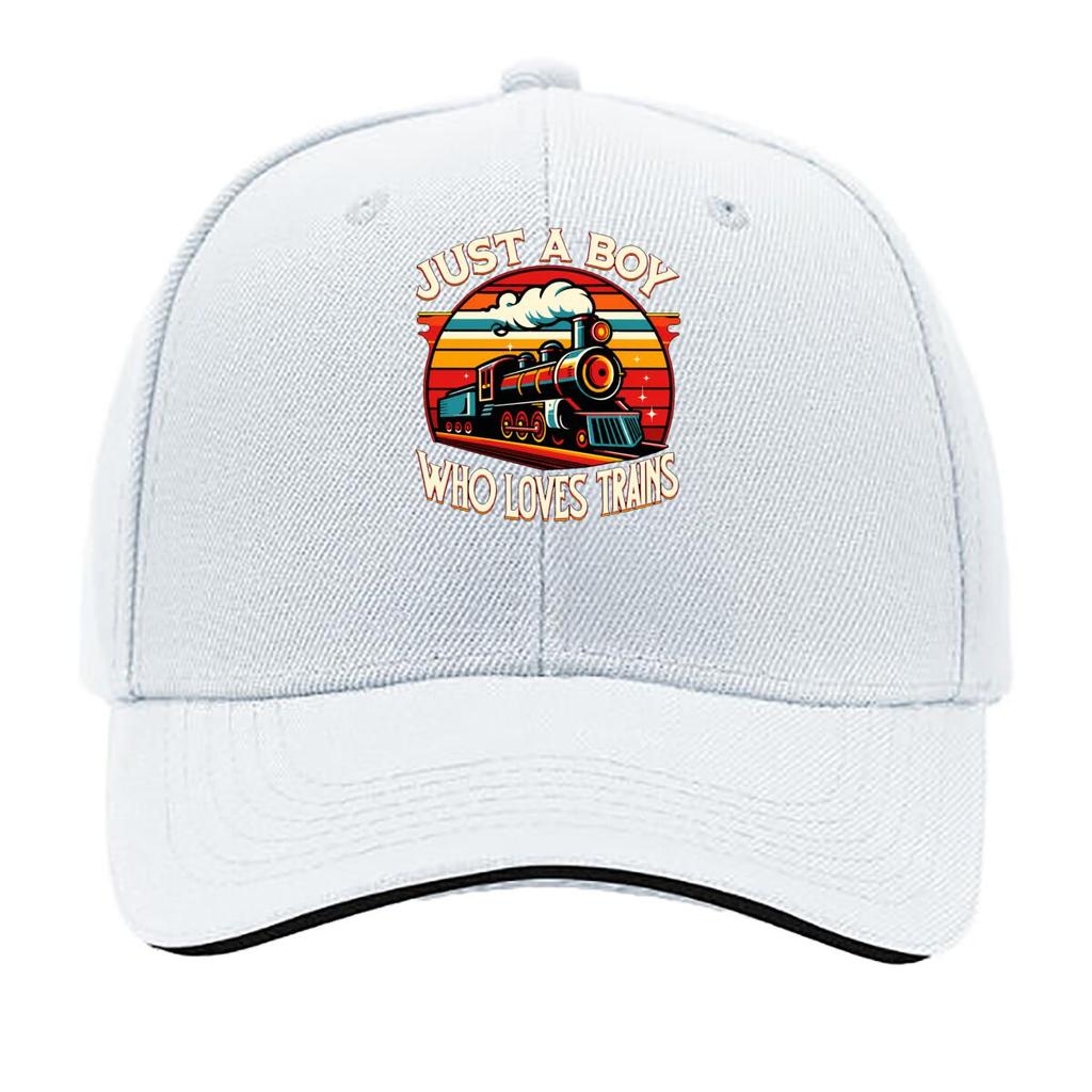 Just A Boy Who Loves Trains Vintage Steam Locomotive Sandwich Baseball Cap Unisex Women Sun Cap Outdoor Workouts Hat