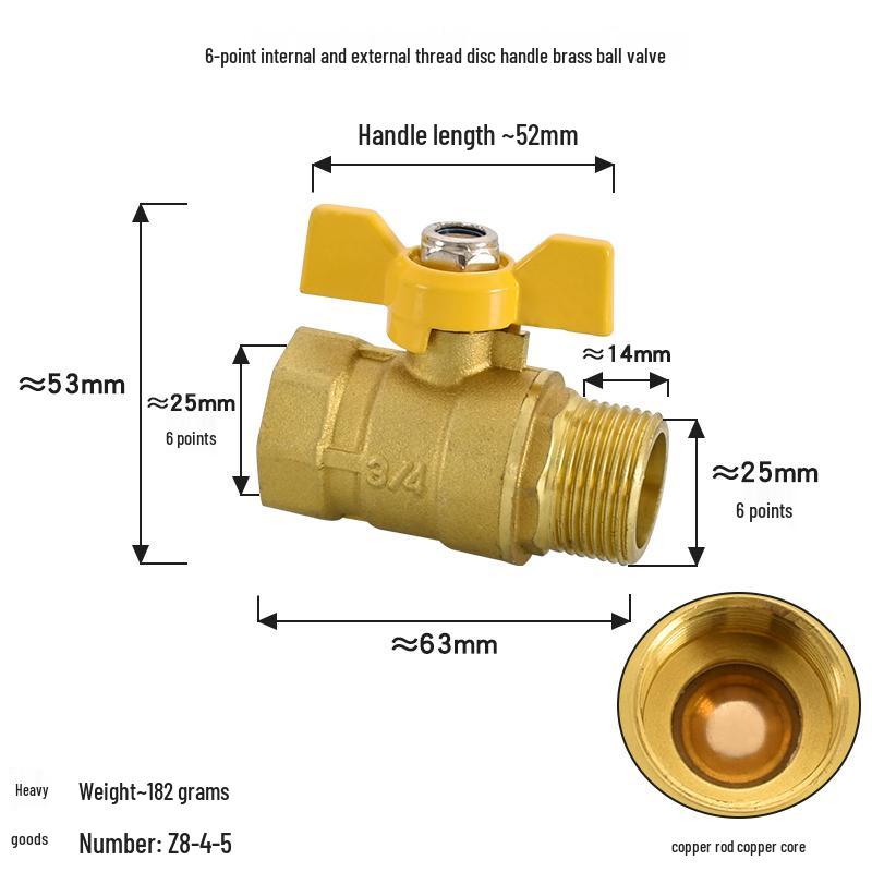 Brass Ball Valve with Copper Core: Male/Female, Double Female, 1/2", 3/4", 1" Sizes, for Water and Gas Pipes.