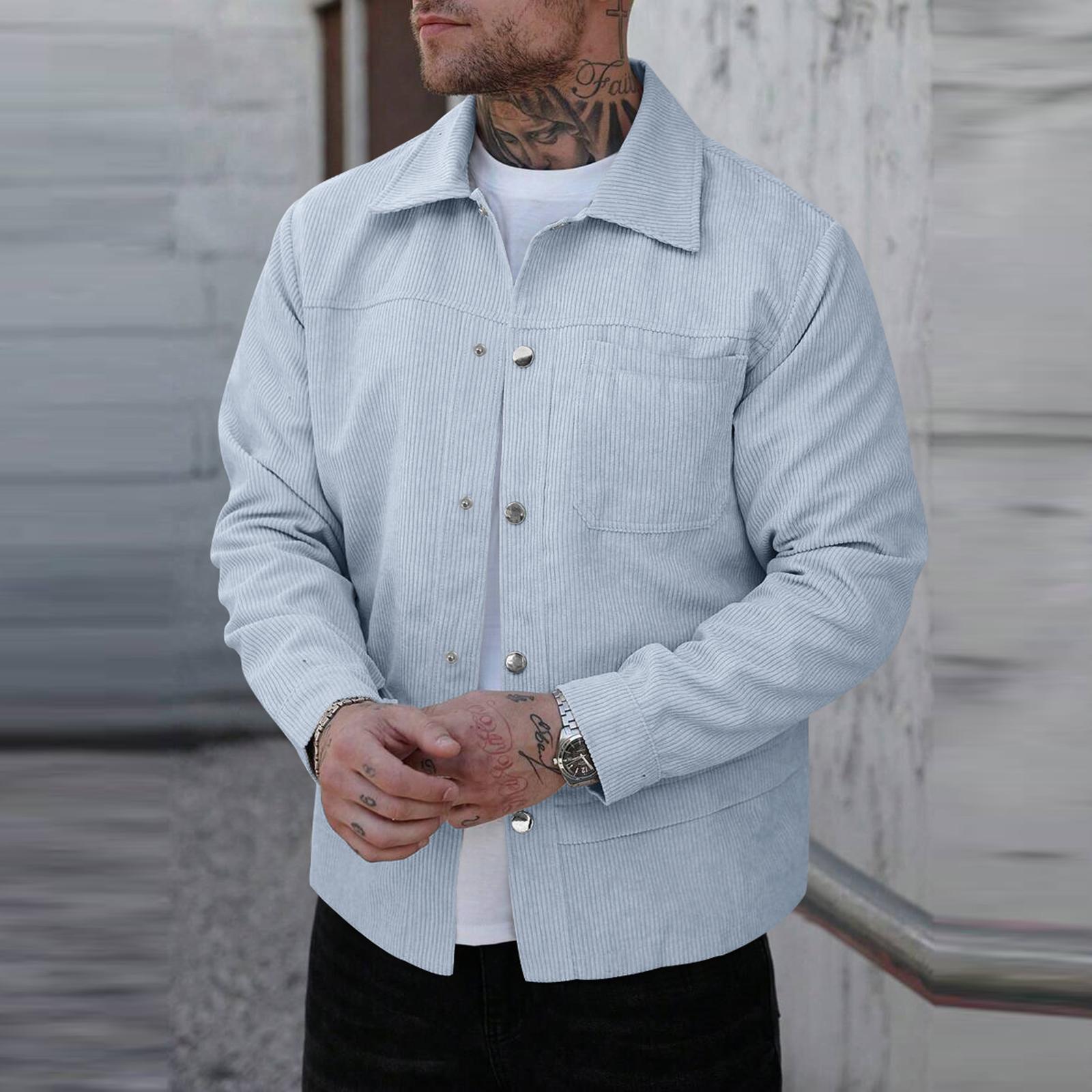 Men s Corduroy Button Down Shirts Casual Long Sleeve Shacket Jacket With Flap Pockets L