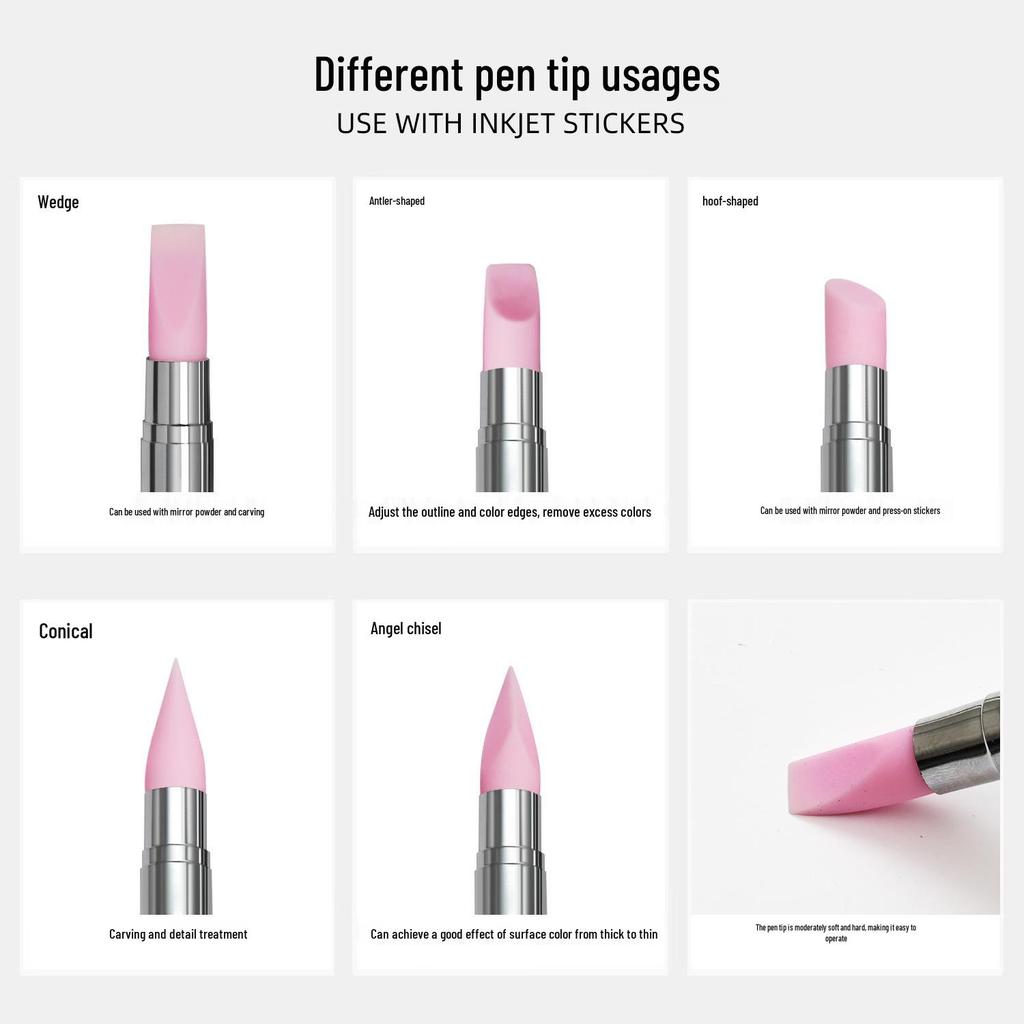 5-Piece Nail Art Silicone Pen Set: Double-Ended Embossing, Hollow Carving, Mirror Powder Brush with Rhinestone Holder.