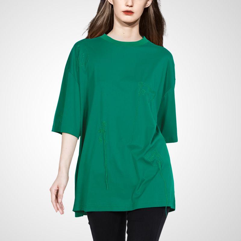 

Three-Quarter Sleeve Pure Color Casual Versatile Trendy Tops T-shirt Green-color 2XL