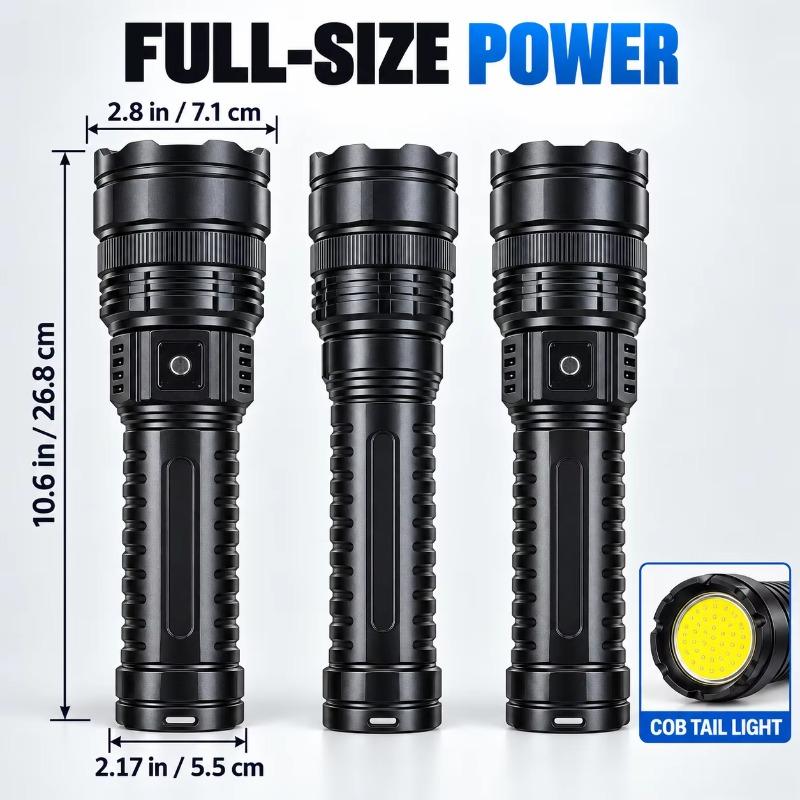 Rechargeable Heavy Duty LED Flashlight, Adjustable Focus, Digital Power Display + COB Tail Light, Spot/Flood Beam for Emergency & Outdoor