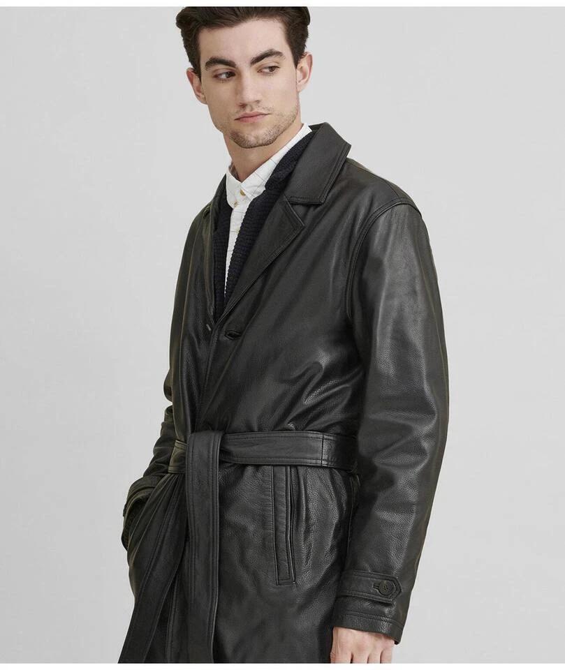 Handgjord Mode Formell Original lammskinn Läder Svart Lång Trenchcoat Kappa