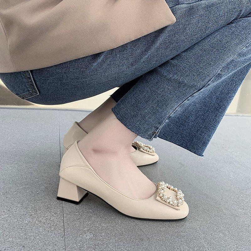 Fashion Square Toe Summer Shoes Ladies Women's Heels Buckle Autumn Female Footwear Pearl Decorateion Oxfords 2024 On Heels New Fall Dres