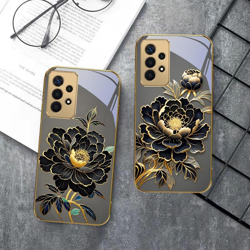 Black Gold Peony Flower For Samsung A 01 52S A04 A05S A10 A12 13 22 23 24 36 42 M02 Note 10 20Ultra 8 9 Golden glass phone case