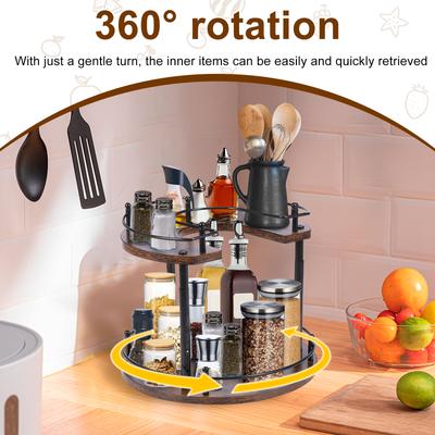 360° Rotating Spice Rack 2 Layers Wood Condiment Holder with 4 Height Settings Cosmetics Storage Rack Kitchen Accessories Decor