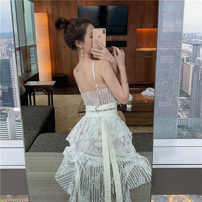 Summer New White Chest With A Row Of Buttons Irregular Lace Perspective Two-Piece Suspender Dress Summer