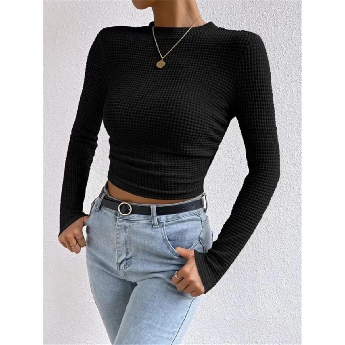 Fall Japanese Korean Style Women s Slim Fit Crew Neck Polyester Casual T-shirt S чёрный