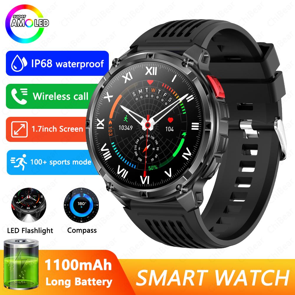 

Military Outdoor Smart Watch Men 1100mAh Battery Compass Fitness Tracker AMOLED HD Display BT Calling Smartwatch For Android IOS