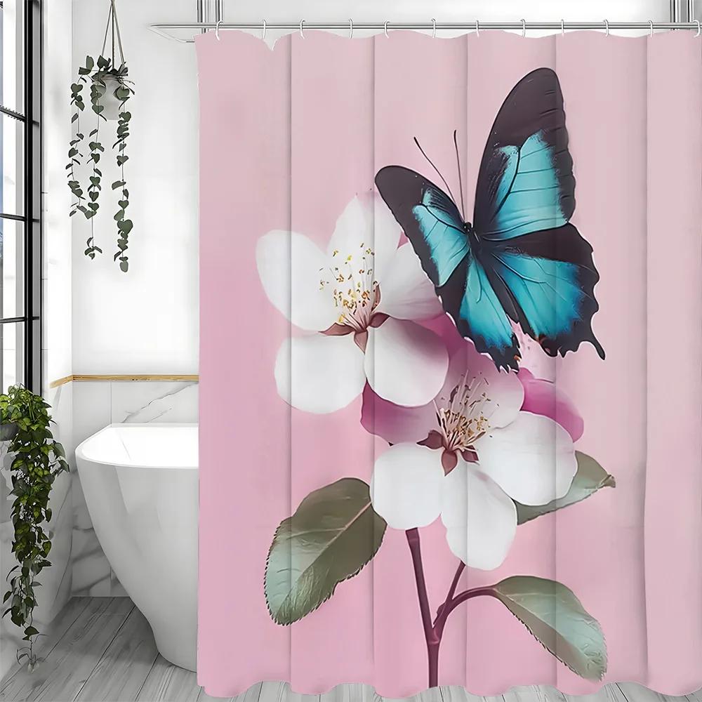 Pink Flowers And Butterflies Shower Curtain Washable Dirt-Resistant Shower Head Waterproof Polyester Bath Curtain For Home Decor