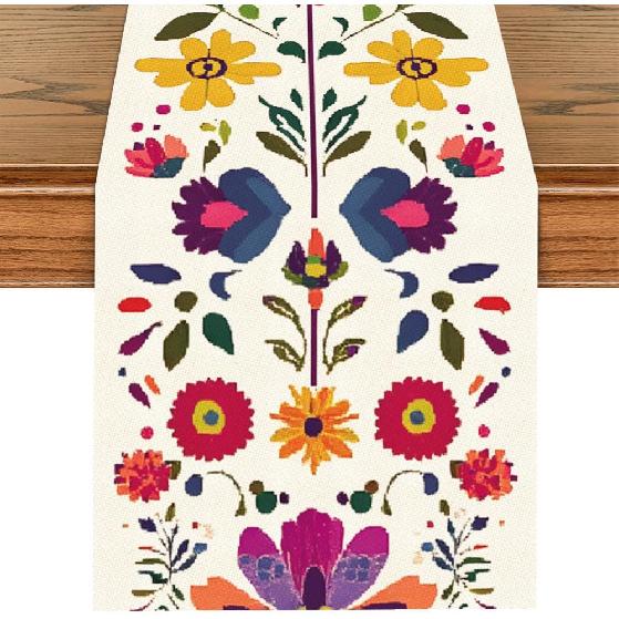 ANNA QUEEN Boho Floral Table Runner 13x72 Inch, Colorful Mexican Otomi-Style, Folk Art Table Decor for Dining Table, Fiesta Party, Kitchen, Wedding