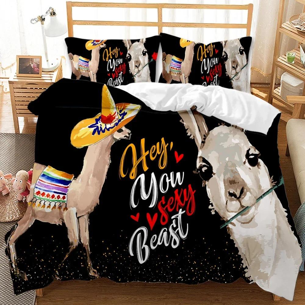 Lama Påslakanset Queen King Full Twin Storlek Söta Alpackor Sängkläder Set 3D Polyester Täcke Djur Täcke