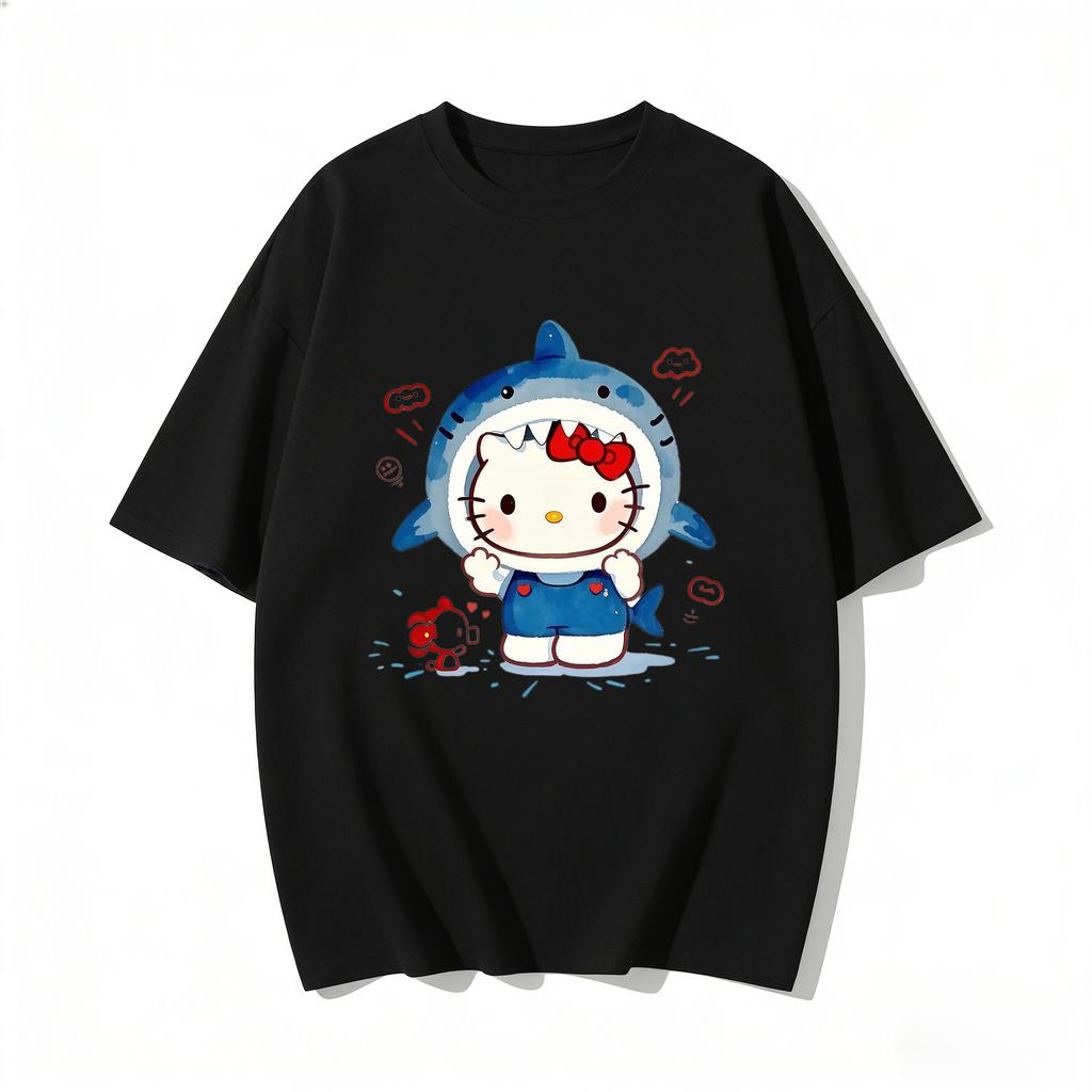 2026 New Arrival Kawaii Hello Kitty Shark Print Couple T Shirts Casual Family Matching Outfits Parentchild Tees Tops Summer Y2k