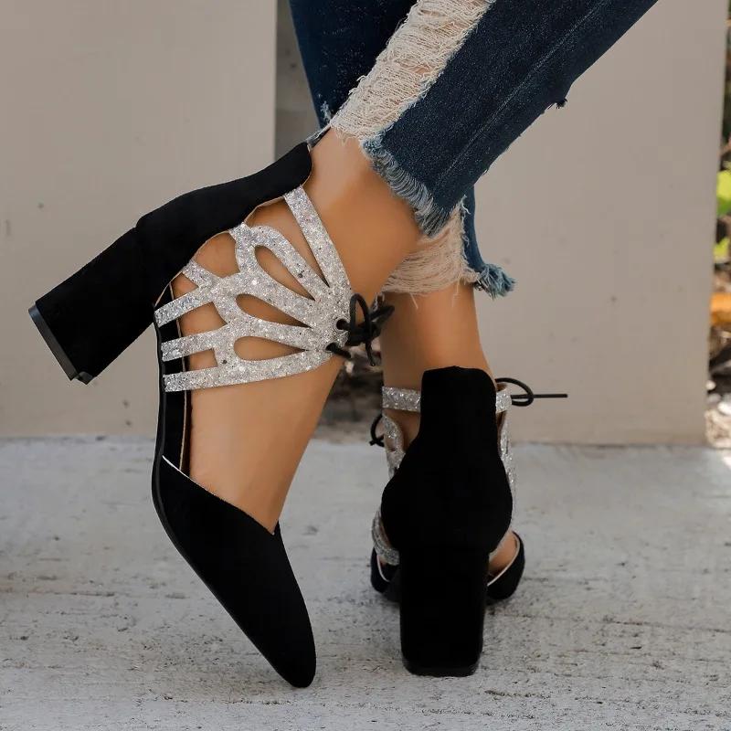 Fashion Ladies Shoes Lace-up Women's High Heels  Plus Size Shallow Office and Career New Color Matching Heels Women