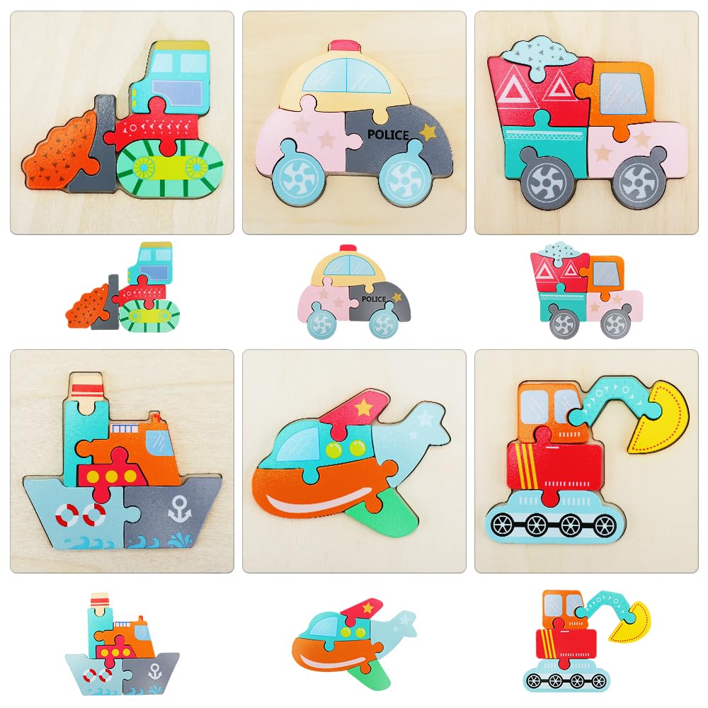 

Montessori Educational Wooden Puzzle - Set of 6 Cute Wooden Toys, Color Recognition, Fingertip Training, Shape Matching, Educational, Vehicle Puzzle