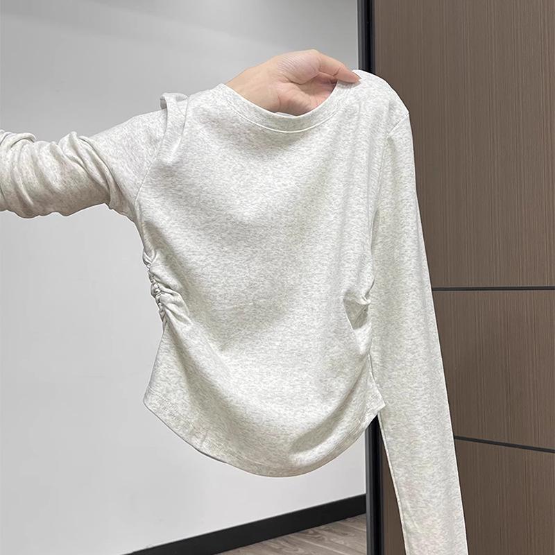 Round Neck Structured Shoulder Long Sleeve Tee Women Early Autumn Curved Hem Ruffle Waist Slim Base Layer Top