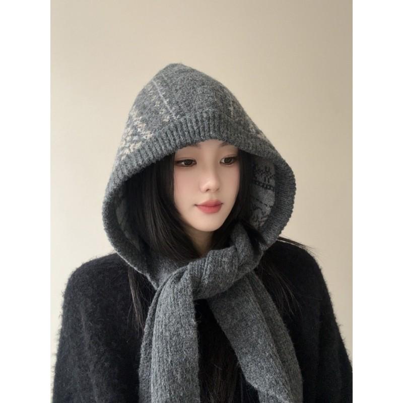 Knitted Balaclava Beanie With Scarf Combo Women Men Winter Warm Windproof Hooded Hat In Neutral Styles