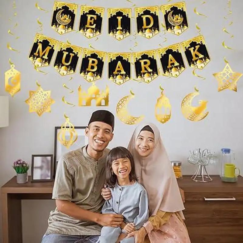 Ramadan Mubarak Banner Bunting Garland With Eid Lantern Moon Castle Sign For Islamic Festival Wall Hanging Party Decor