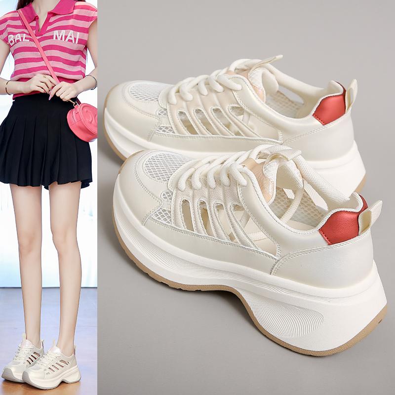 Fashion 2025 New Summer Thin Web Red Sneakers Women's Internal Heel Increase Sports Shoes Versatile Casual Thick Bottom White Mesh Shoes