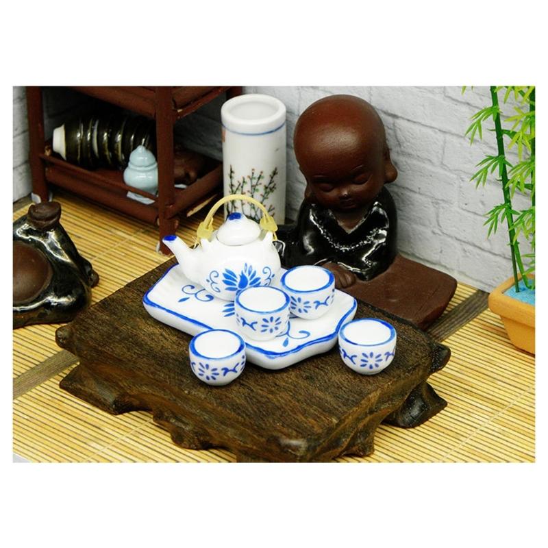 Miniature Teaware Set Model For Children And Collectors With Blue White Porcelain Teapot Cup Tray Doll House Furniture