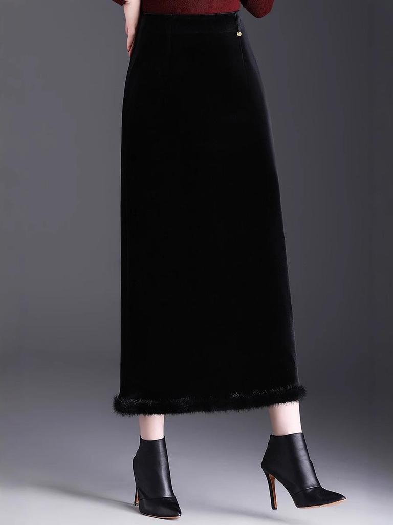 Velvet High-Waist Slit Pencil Skirt - 2025 Winter Collection