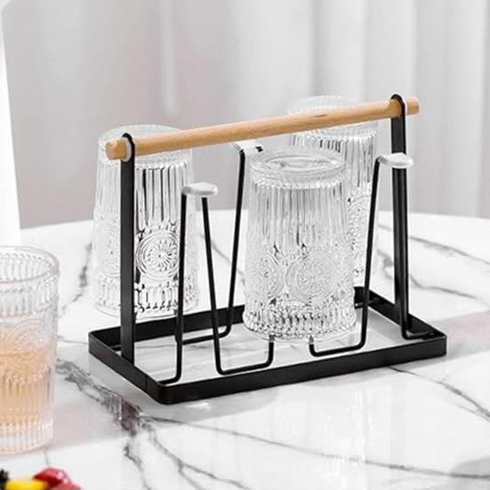 Iron Cup Drying Rack with Wood Handle & Drip Tray Baby Bottle Dryer Holder Space-Saving Countertop Organizer for Mugs