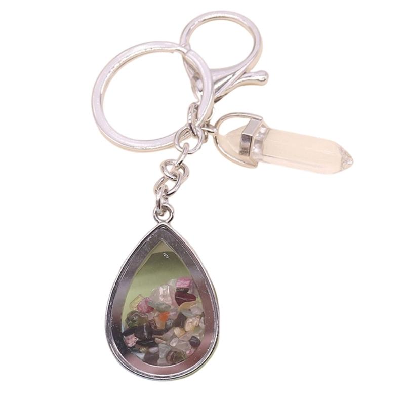 Natural Stone Crystals Teardrop Shape Photo Locket Keychain Featuring Diamonds Cut Designs for Sentimental Gifts