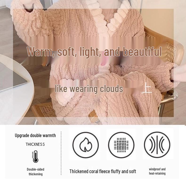 Set Pijama Coral Fleece de Toamnă/Iarnă pentru Femei - Halat de Baie Lung de Catifea și Cămașă de Noapte