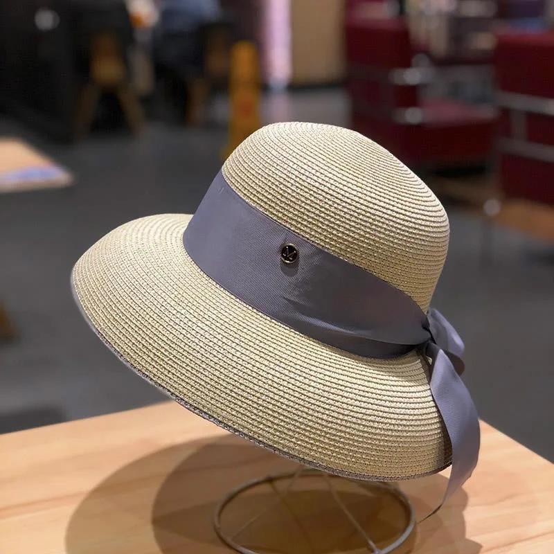 Women's French Retro Straw Sun Hat with Bow Detail - Hepburn Style Elegant Wide Brim UPF 50+ Sun Protection for Beach Vacation