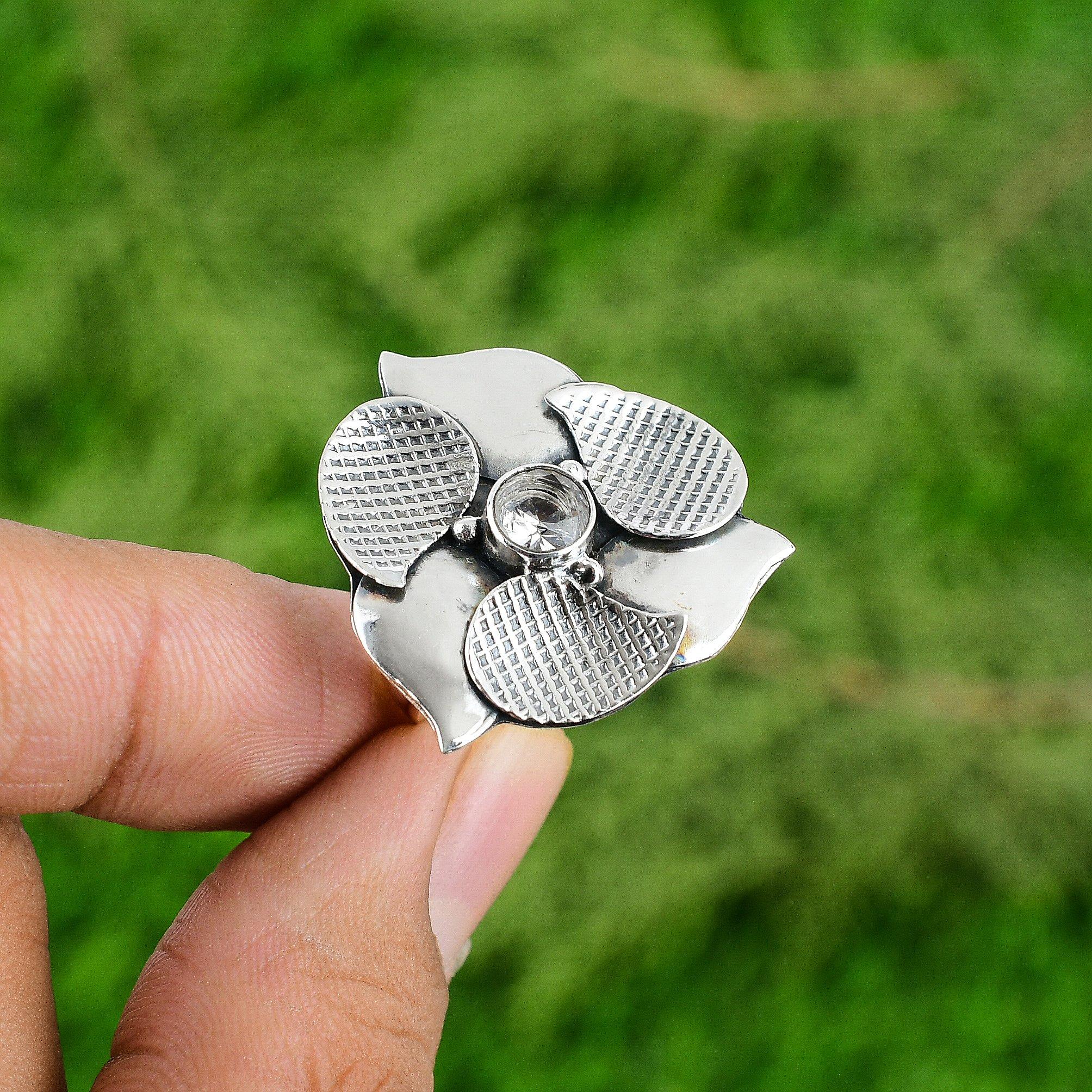 

Gift For Women Stackable Flower Adjustable Ring 925 Silver Natural White Topaz Adjustable