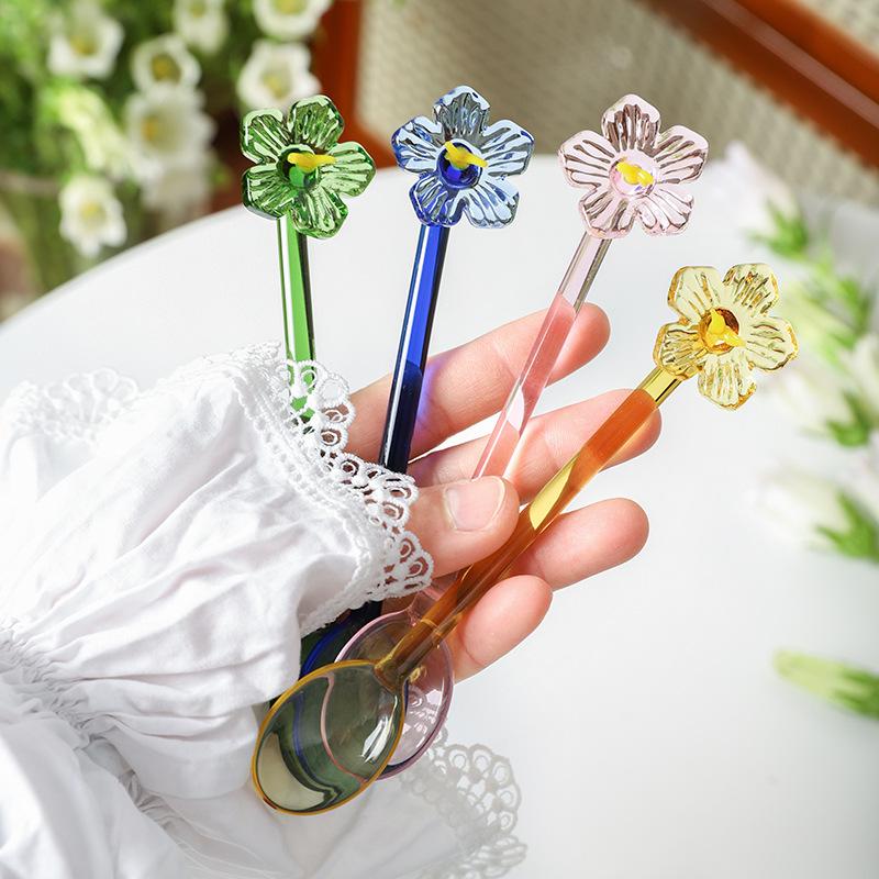 New 3D Flower Glass Spoon,Heat-Resistant Borosilicate Long Handle Stirring Spoon for Coffee & Milk, Colorful Round Glass Spoon