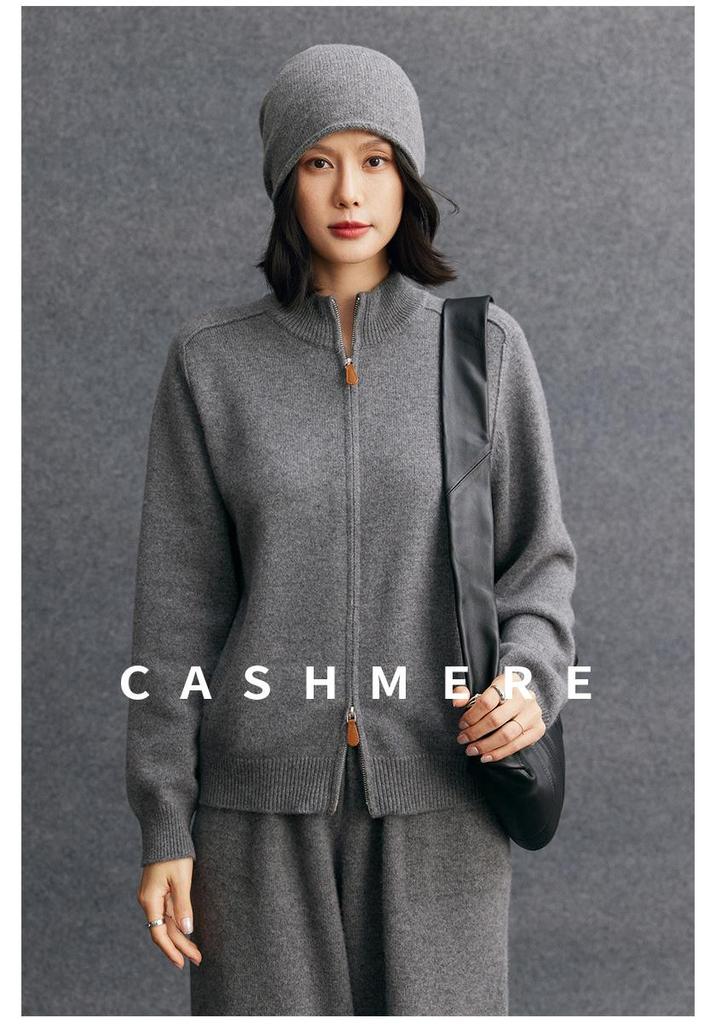 2025 Autumn/Winter Women's Cashmere Half-High Collar Cardigan with Double Zipper Pockets