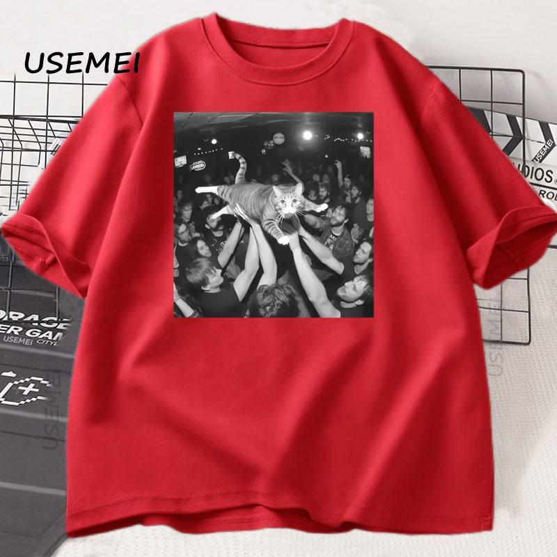 Rock Show Cat Meme Thirt Cute Surfing Tee Funny Gang Smoking Cat TShirt Unisex Women Cotton Tees Short Sleeve High Quality Clothes S