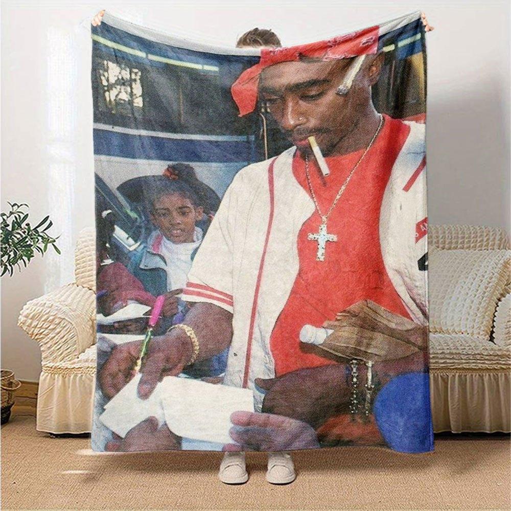 1pc 2PacHip Hop Blanket Soft Lightweight All Season Multi Purpose Throw for Sofa, Bed, Office & Picnics, French Style with Iconic Album Art & Quotes