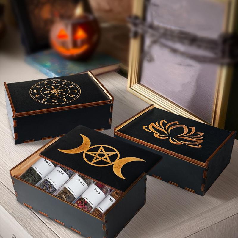 Tarot Cards Storage Box Wooden Lotus Printed Storage Box Crystals Jewelry Astrology Dice Playing Card Gift Storage Organizer Box