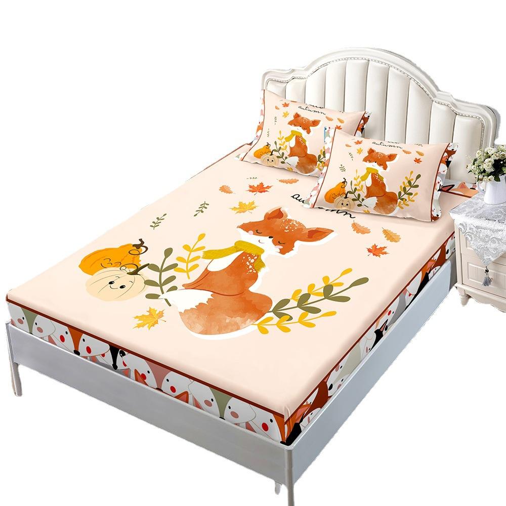 Sheet Three-Piece Bedspread Pillowcase Little Fox Pumpkin Thanksgiving Mattress Protective Cover