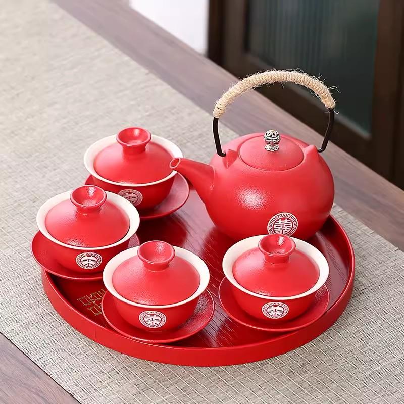 Red Tea Set Cover Bowl Set, One Pot, New Couple's Wedding Change of Mouth, Tea Cup, Chinese Wedding Celebration