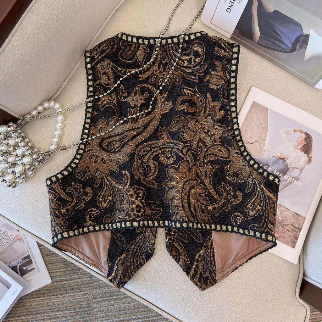 Nový Retro Národný Štýl Kvetinový Kardigán Vesta Dámska Móda Výšivka Skrátená Vesta Vintage Výstrih do V Bez Rukávov Dámske Vrchné Oblečenie Elegantná Vesta Topy