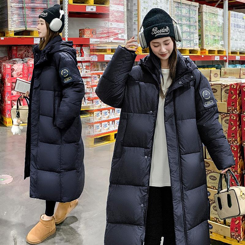 Black down cotton-padded clothes for women's winter new hooded loose over the knee thickened warm long cotton-padded coat