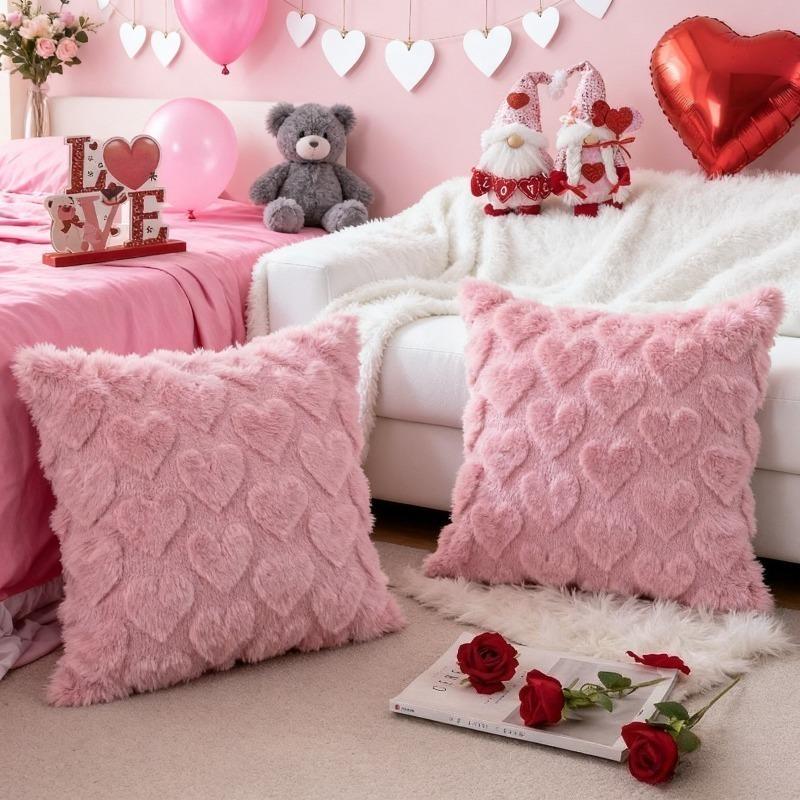 Valentine's Day Plush Pillow Cover with Heart Embroidery Jacquard Cushion for Sofa Living Room Decor (Pillow Not Included)
