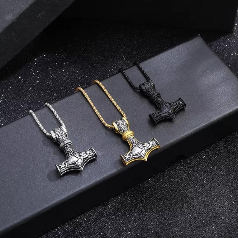 Punk Necklace for Men Thor Hammer Mjolnir Viking Amulet Hammer Scandinavian Pendant Norse Jewelry Metal Chain Pendant Jewelry