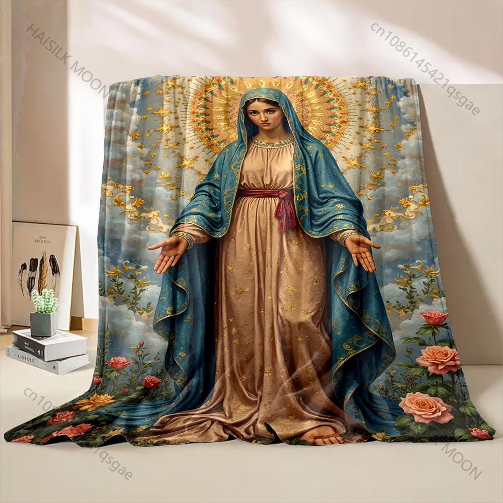 1PC Virgin Mary with Floral Halo Print Blanket Warm Soft Fluffy Kids and Adult Sofa Bed Throw Blanket Outdoor Travel Camping RV