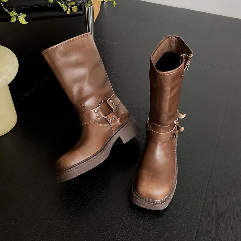 fashion Platform Combat Boots Zip Chuny Heel Buckle Vintage Fashion Casual Luxury Designer Western Mid Calf Boots Shoes Woman