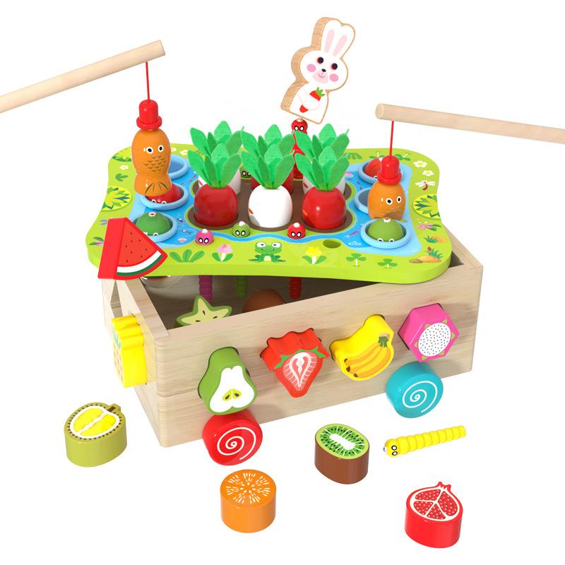 Wood Multi-Functional Children'S Educational Fruit Animal Shape Building Block Pulling Radish Pairing Farm Intelligence Car Toy