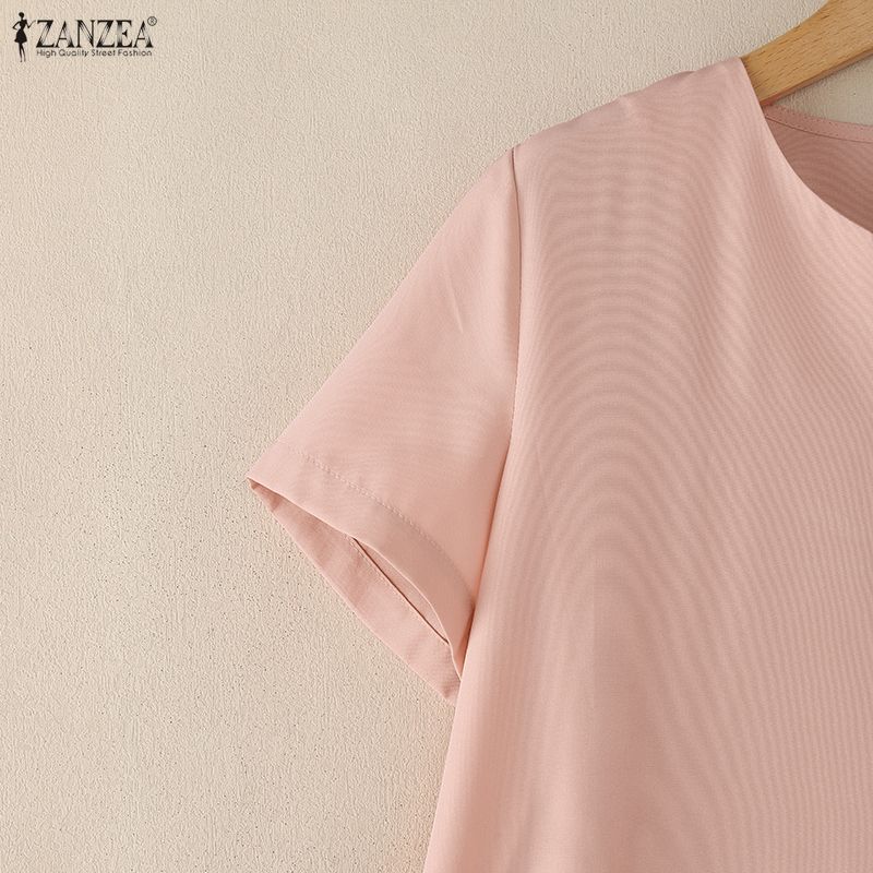 ZANZEA Women Casual V-Neck Solid Color Loose Short Sleeve Dress