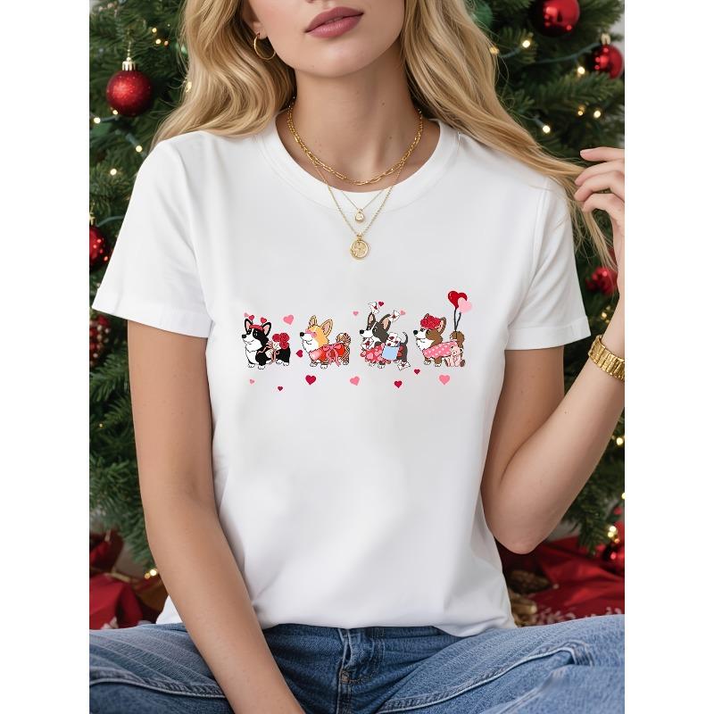

WOMEN S T-shirt with Heart-shaped Corgi Puppy Print, Cute Puppy and Heart New Year Design, White Short-sleeved Round-neck Printed T-shirt. 4XL білий