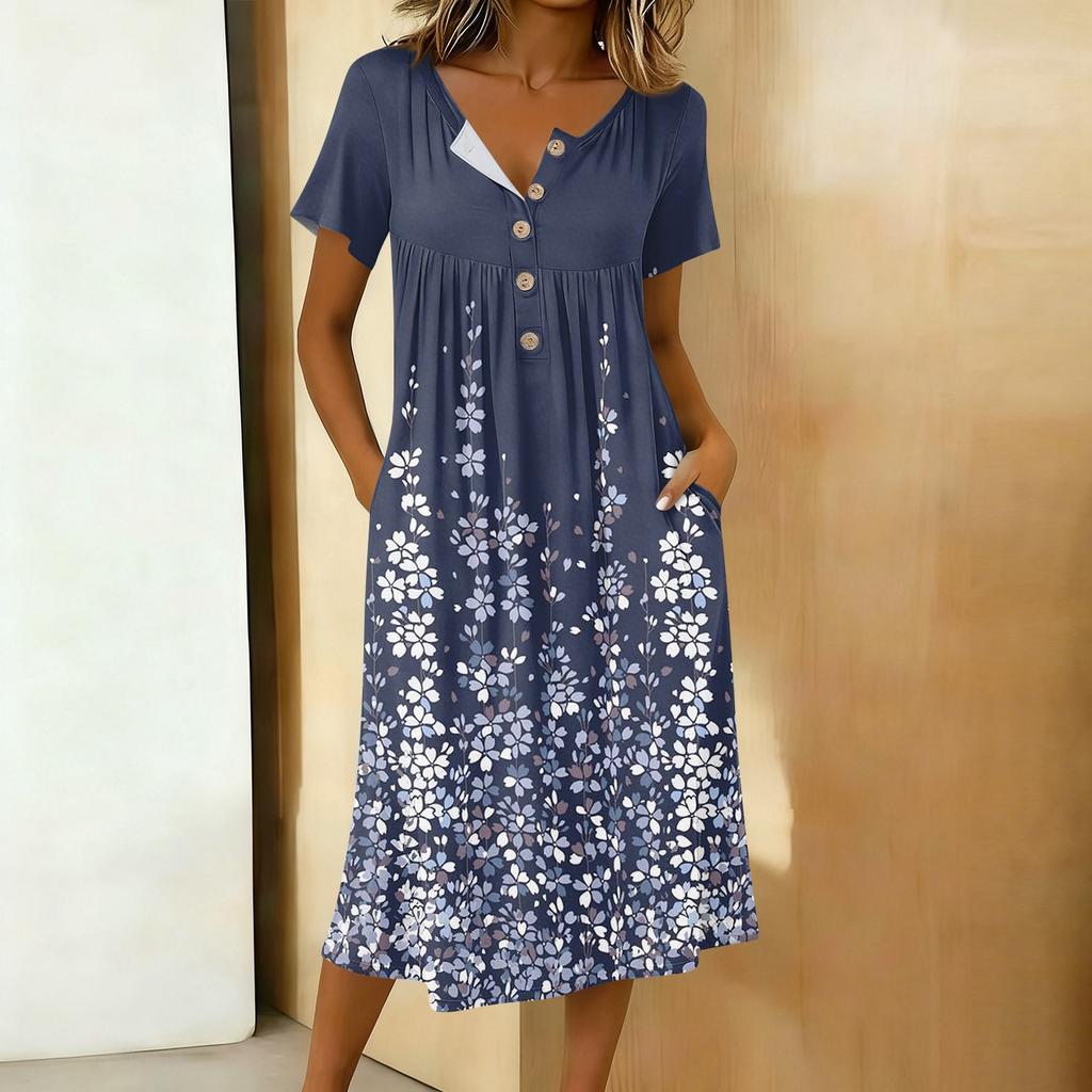 Women's Fashionable Retro Printed Round Neck Short Sleeved Button Neck Mid Length Casual Dress