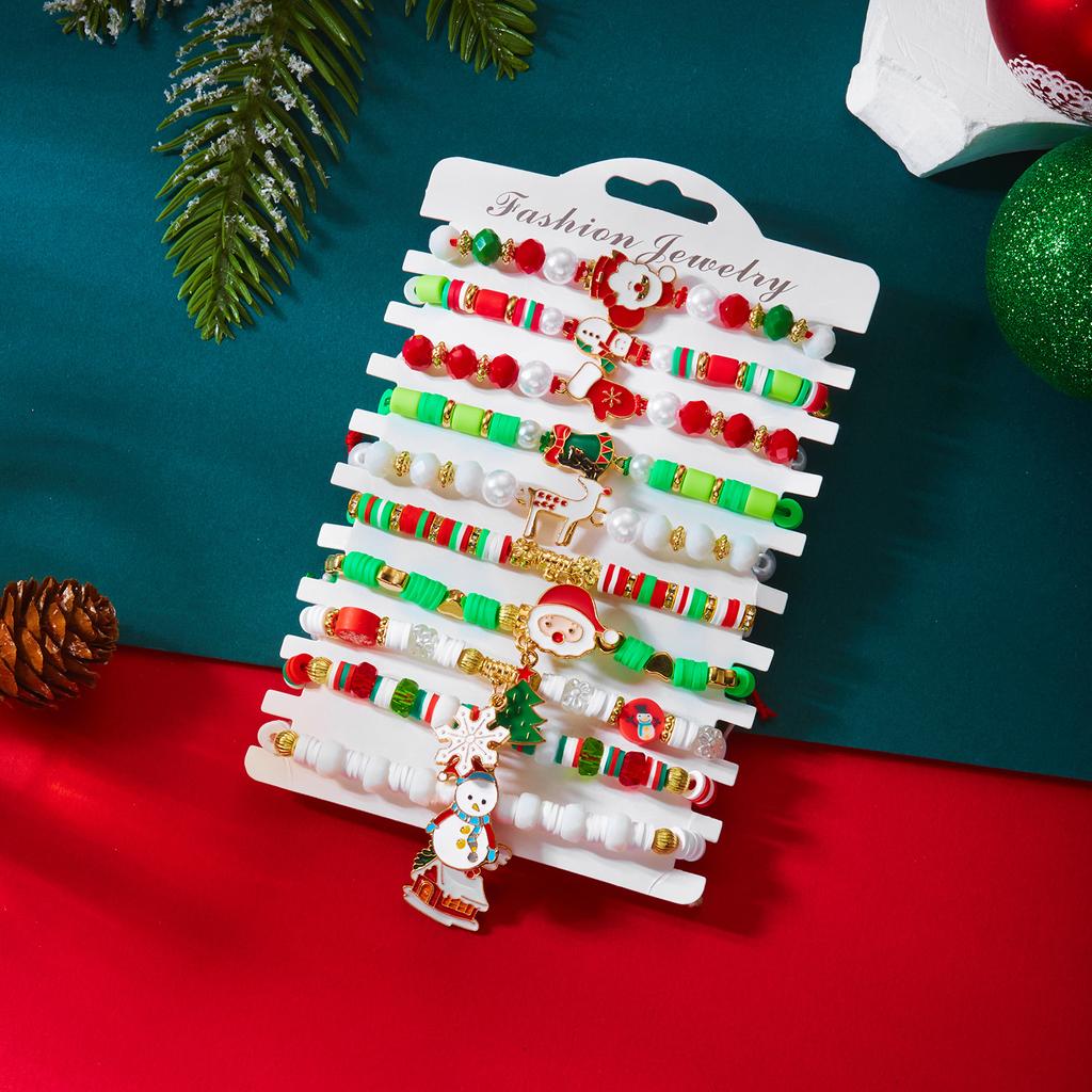 10 Pcs Christmas Colorful Beaded Bracelet Set For Women Santa Claus Xmas Tree Snowflake Rice Beads Bangle Party Festival Jewelry