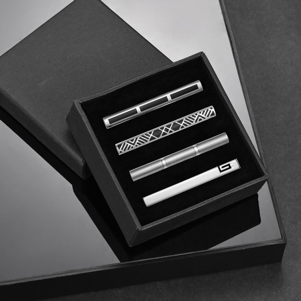 4-Piece Men's Simple Silver Enamel Tie Clip Set for Business Shirts